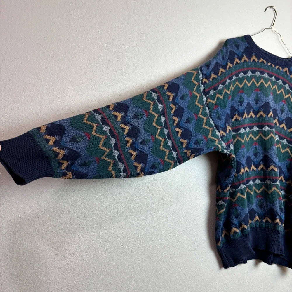 Vintage Mens Large L Cotton Geometric Knit Sweater USA Grandpa Eclectic‎ Blue